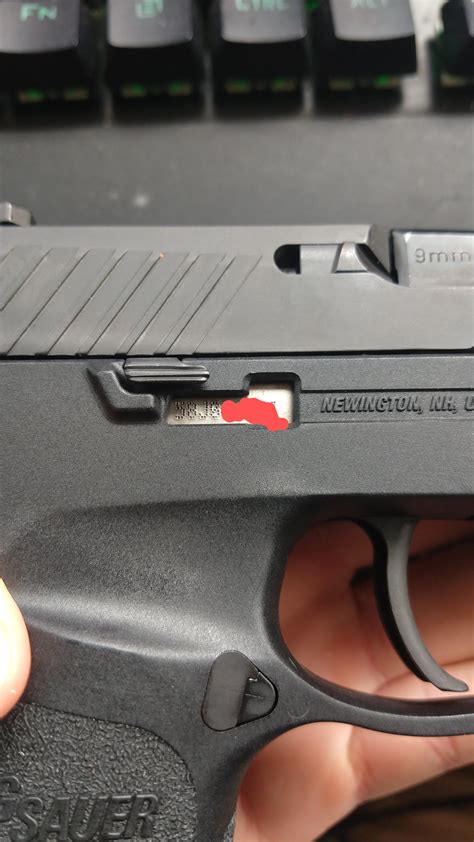 On the rear wall of the barrel chamber, opposite the caliber on the chamber showing in the slide opening. . Sig sauer p320 recall serial numbers